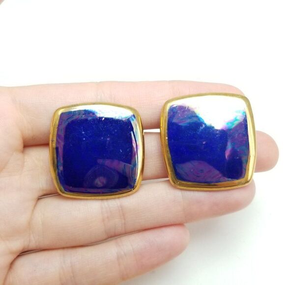 Vintage Blue Square Studs with Iridescent Finish and Gold Tone Border Earrings - Picture 4 of 6